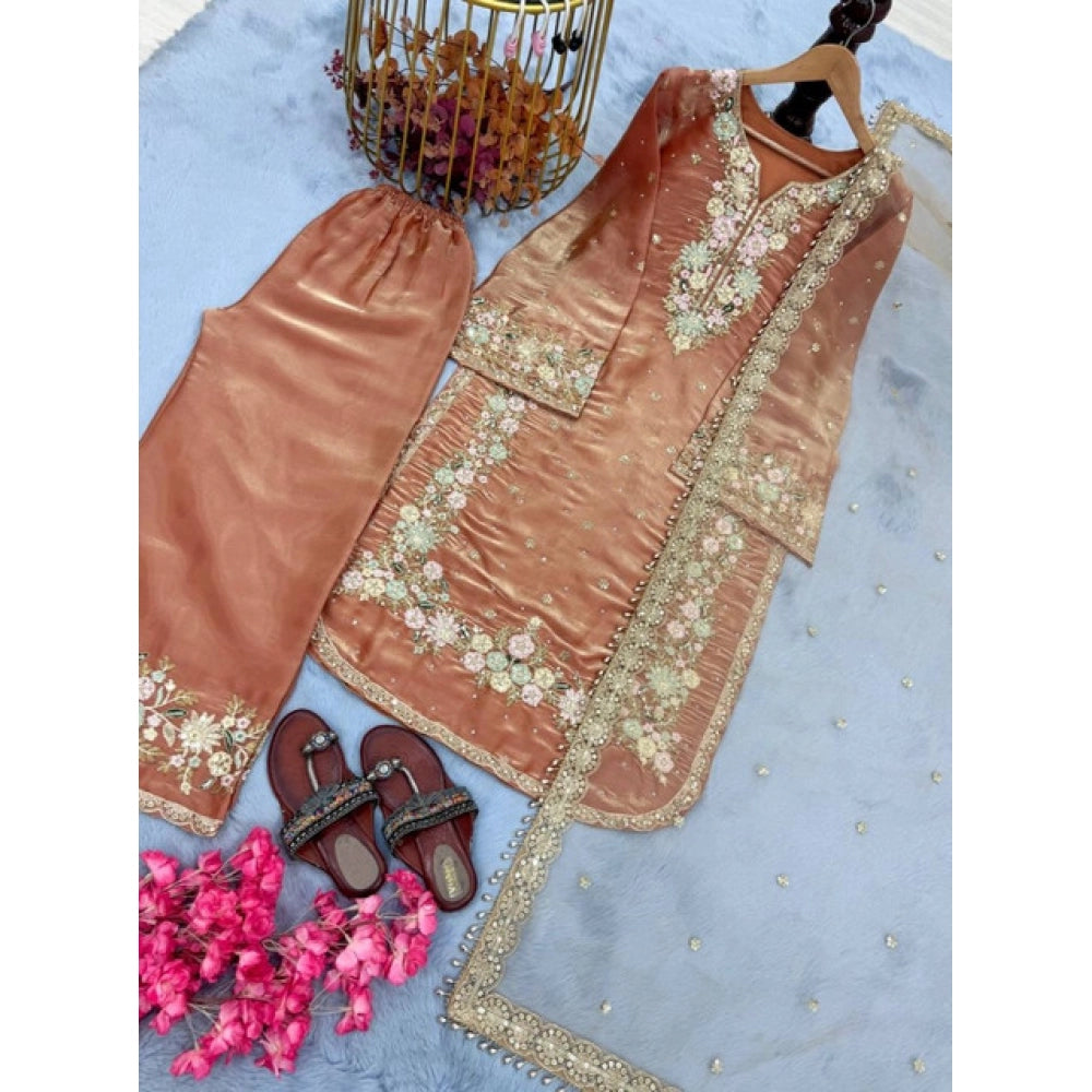 Women's Silk Embroidered 3/4th Sleeve Round Kurti With Palazzo Pant And Dupatta Set (orange) | Women Signature Collection
