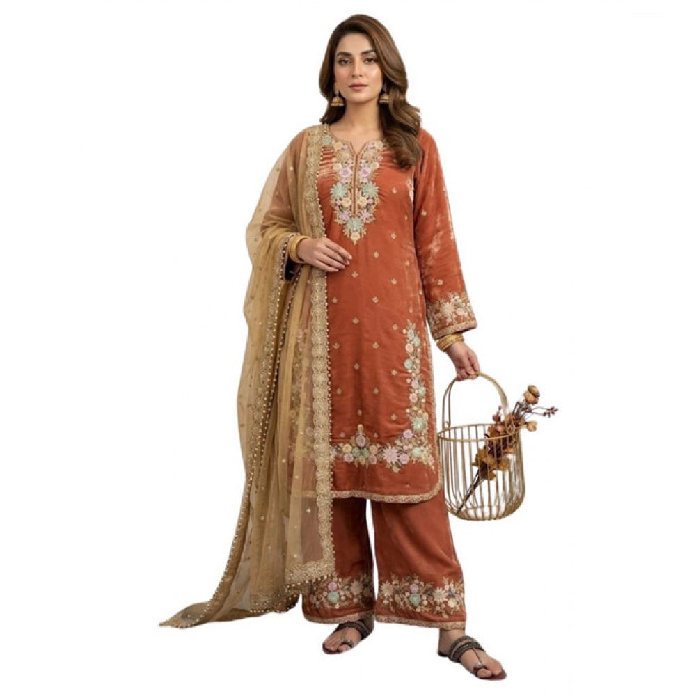 Women's Silk Embroidered 3/4th Sleeve Round Kurti With Palazzo Pant And Dupatta Set (orange) | Women Signature Collection