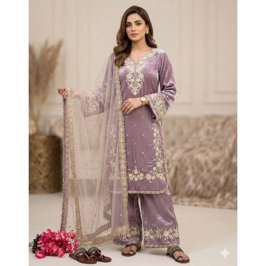 Women's Silk Embroidered 3/4th Sleeve Round Kurti With Palazzo Pant And Dupatta Set (lavender) | Women Signature Collection