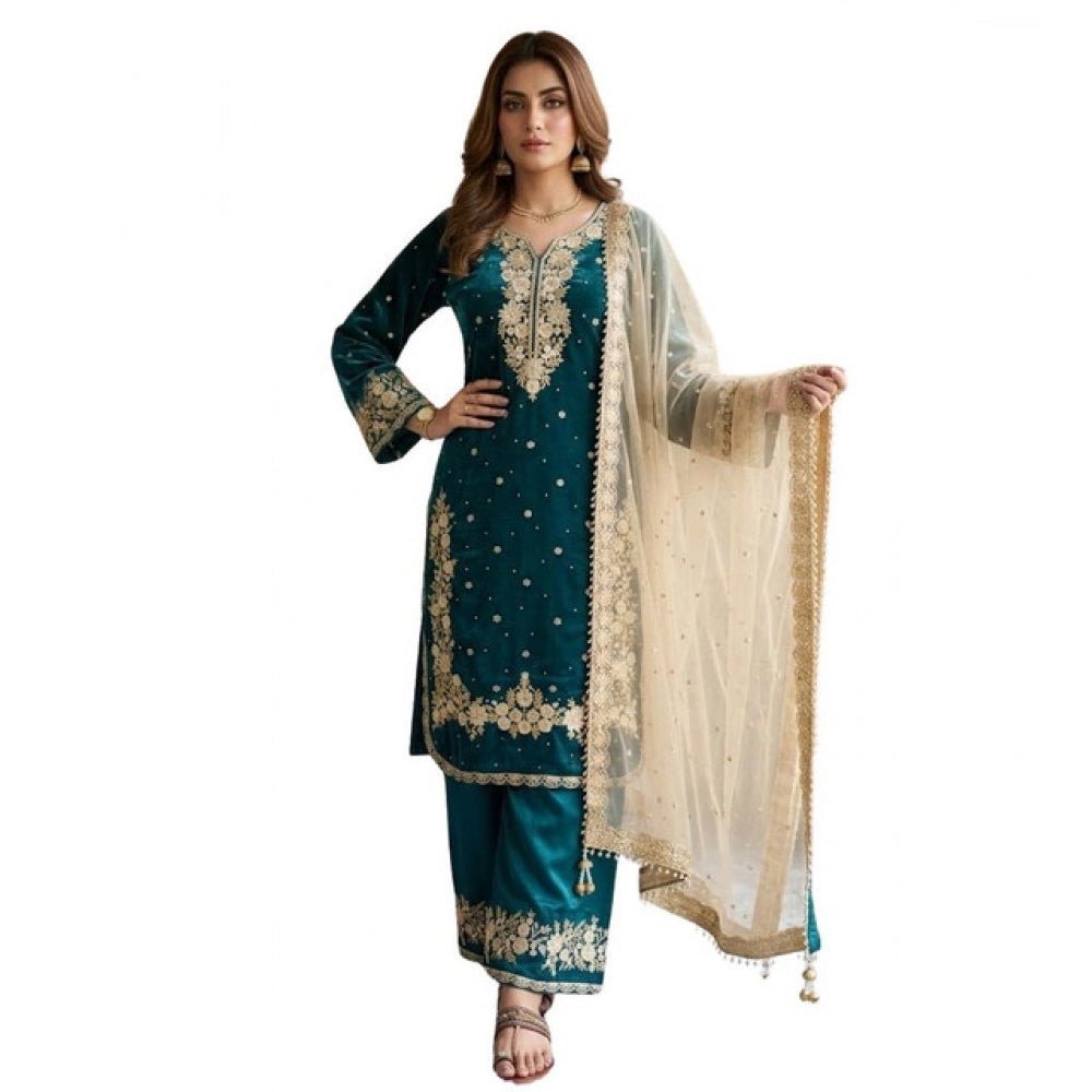Women's Silk Embroidered 3/4th Sleeve Round Kurti With Palazzo Pant And Dupatta Set (teal) | Women Signature Collection