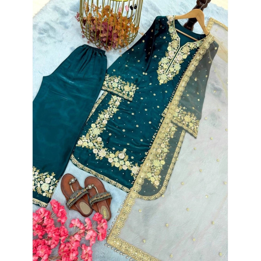 Women's Silk Embroidered 3/4th Sleeve Round Kurti With Palazzo Pant And Dupatta Set (teal) | Women Signature Collection
