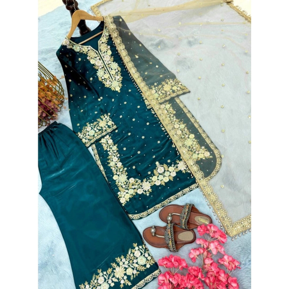 Women's Silk Embroidered 3/4th Sleeve Round Kurti With Palazzo Pant And Dupatta Set (teal) | Women Signature Collection