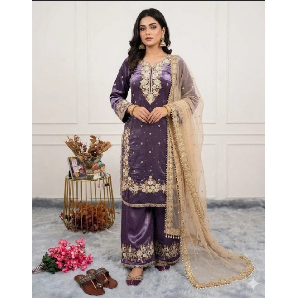 Women's Silk Embroidered 3/4th Sleeve Round Kurti With Palazzo Pant And Dupatta Set (purple) | Women Signature Collection
