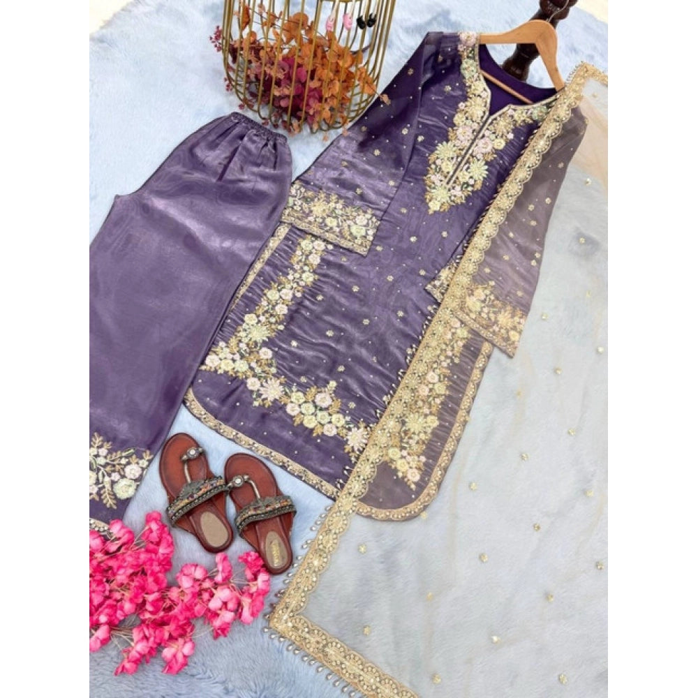 Women's Silk Embroidered 3/4th Sleeve Round Kurti With Palazzo Pant And Dupatta Set (purple) | Women Signature Collection
