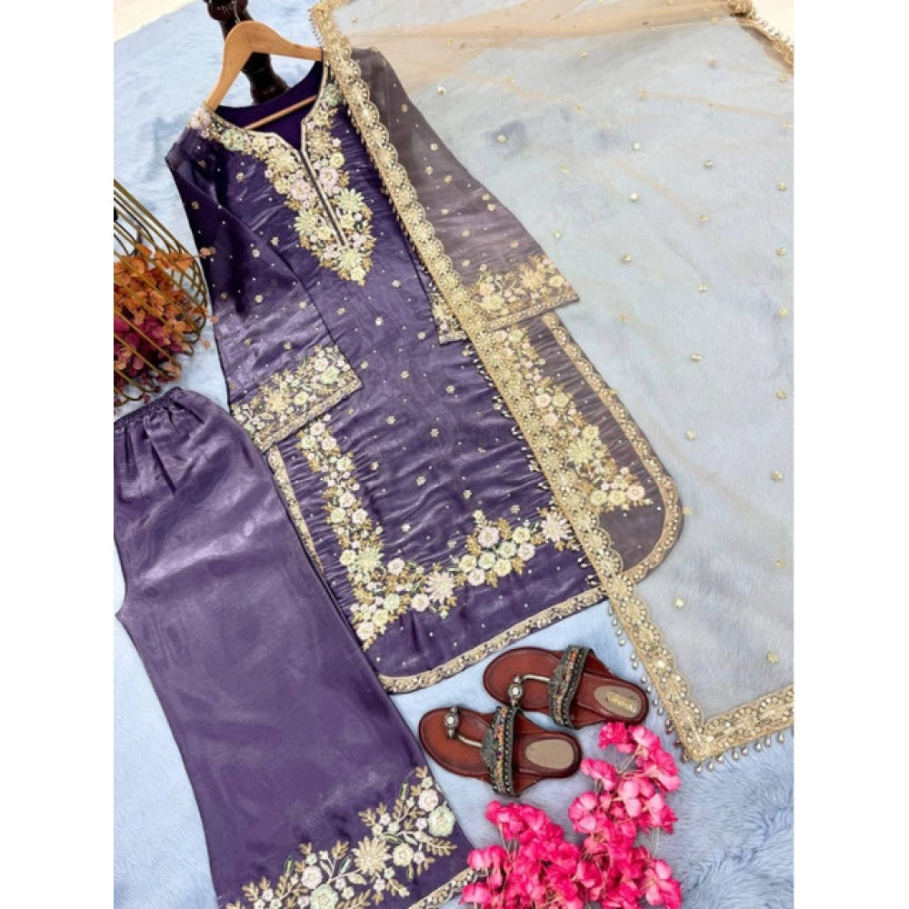 Women's Silk Embroidered 3/4th Sleeve Round Kurti With Palazzo Pant And Dupatta Set (purple) | Women Signature Collection