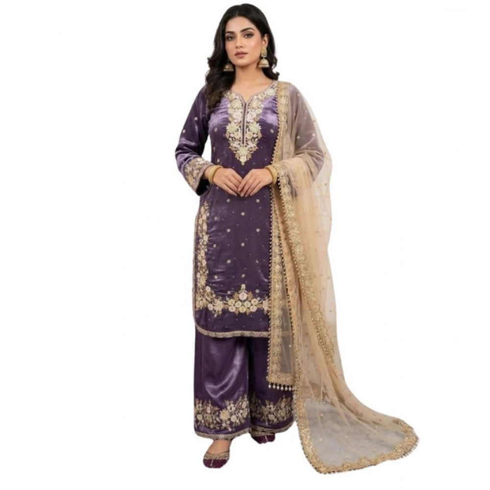 Women's Silk Embroidered 3/4th Sleeve Round Kurti With Palazzo Pant And Dupatta Set (purple) | Women Signature Collection