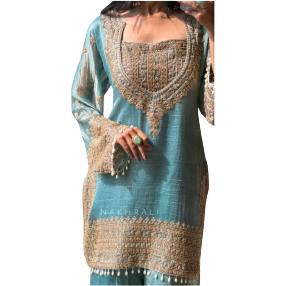 Women's Silk Embroidered 3/4th Sleeve Round Kurti With Sharara Pant And Dupatta Set (sea Green) | Women Signature Collection