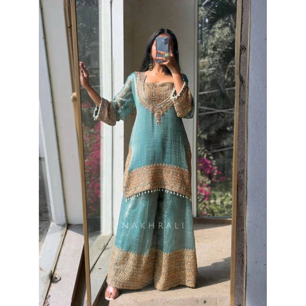 Women's Silk Embroidered 3/4th Sleeve Round Kurti With Sharara Pant And Dupatta Set (sea Green) | Women Signature Collection