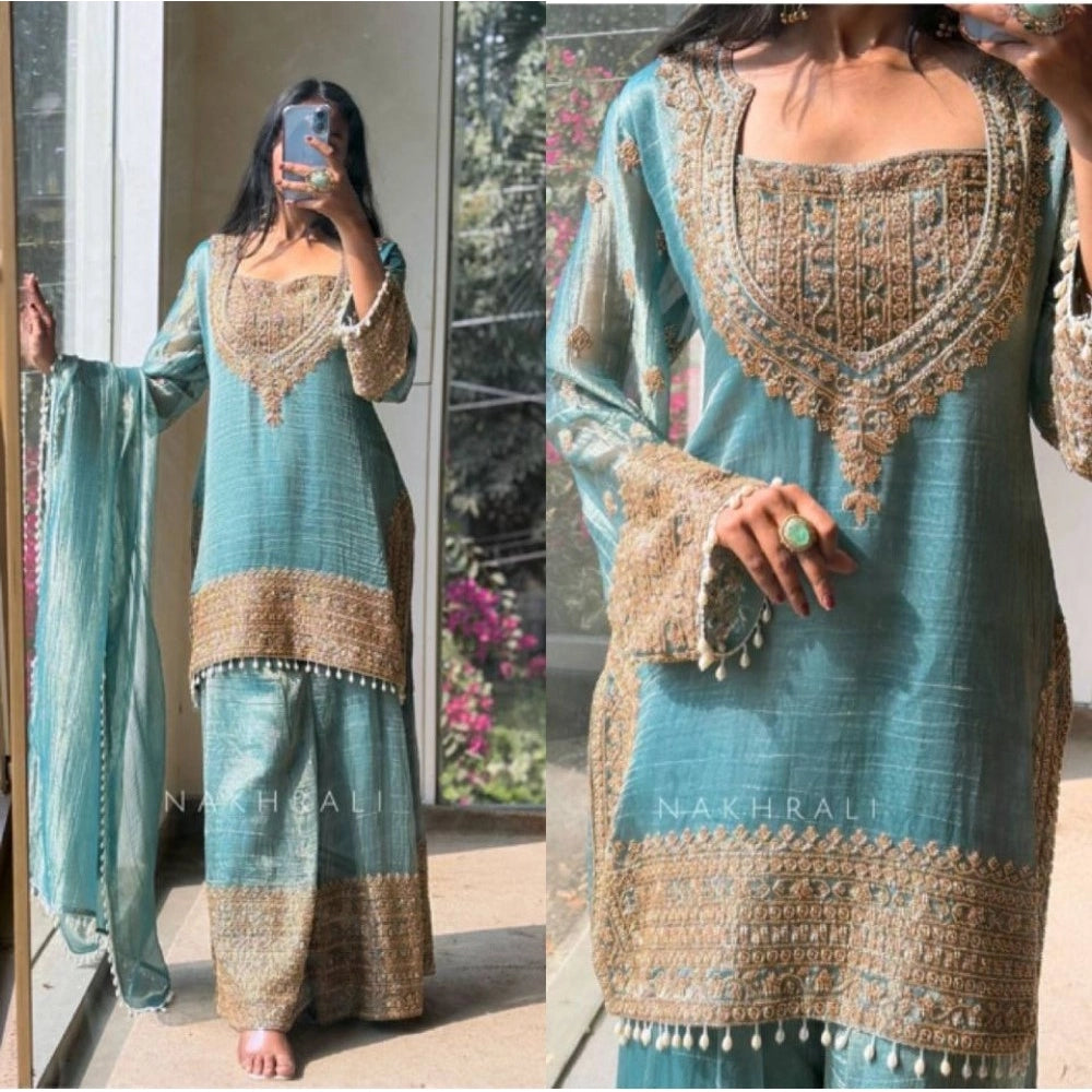 Women's Silk Embroidered 3/4th Sleeve Round Kurti With Sharara Pant And Dupatta Set (sea Green) | Women Signature Collection