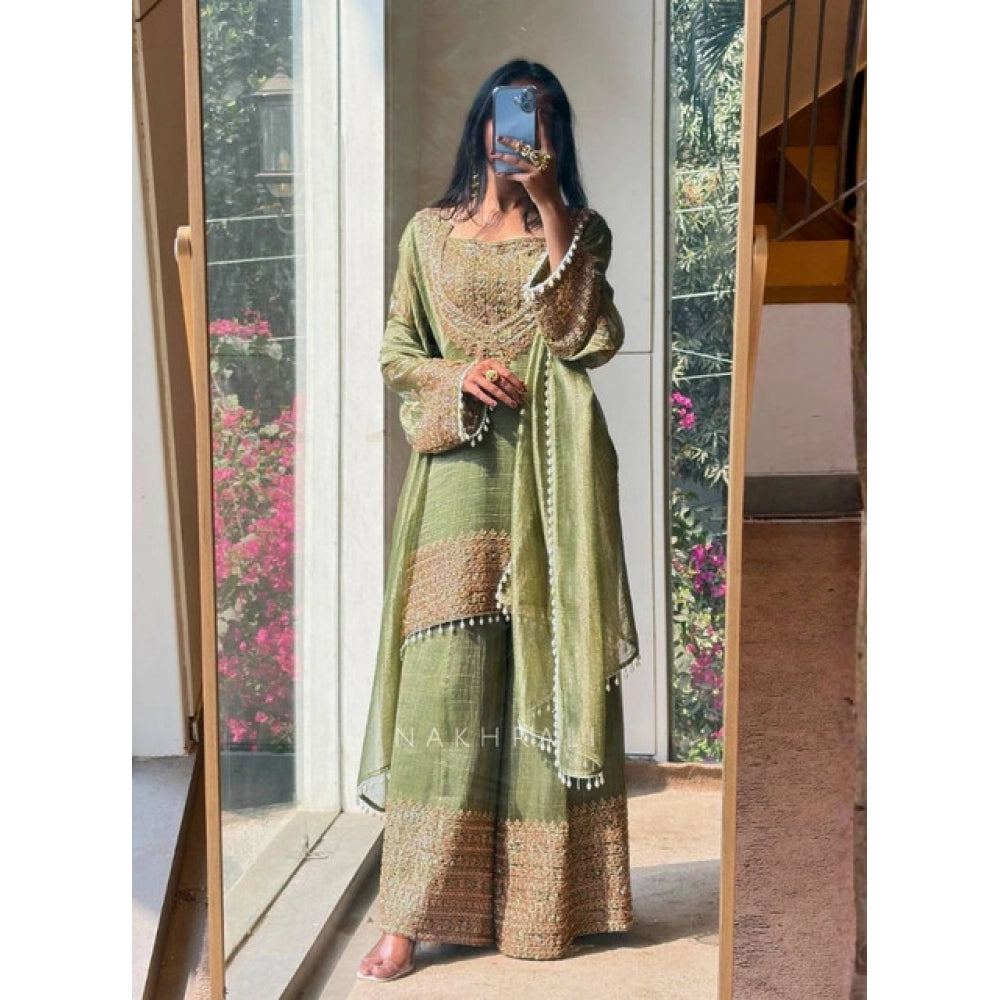 Women's Silk Embroidered 3/4th Sleeve Round Kurti With Sharara Pant And Dupatta Set (green) | Women Signature Collection
