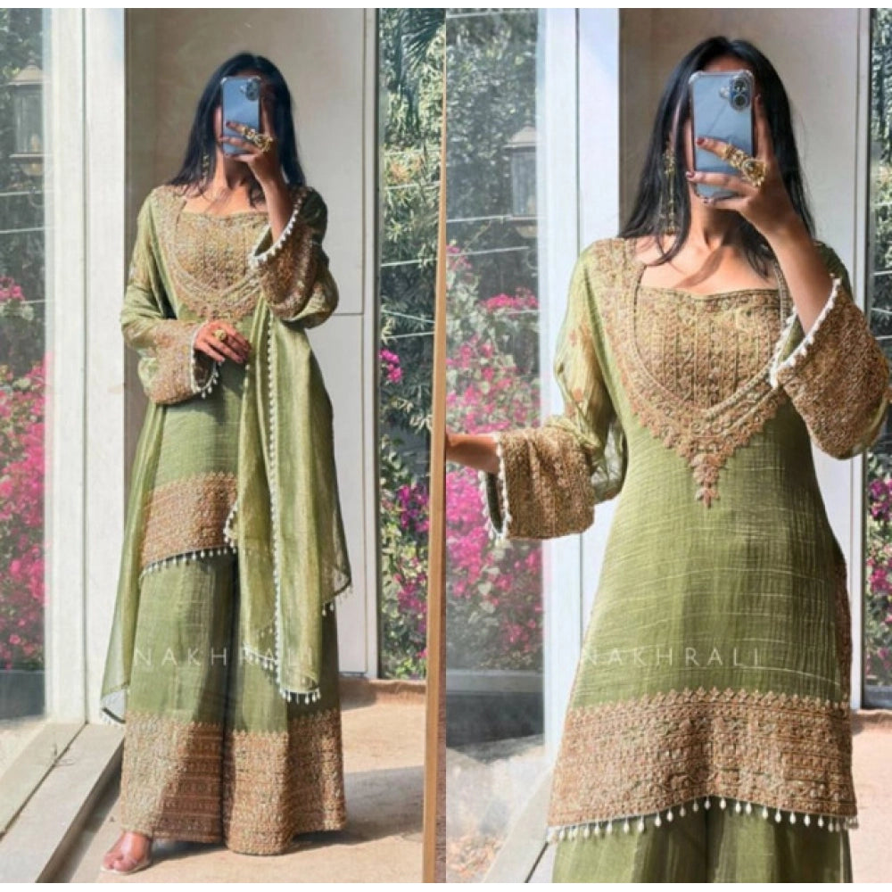 Women's Silk Embroidered 3/4th Sleeve Round Kurti With Sharara Pant And Dupatta Set (green) | Women Signature Collection