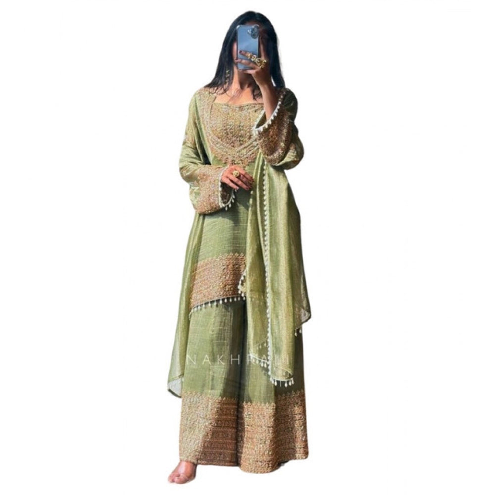 Women's Silk Embroidered 3/4th Sleeve Round Kurti With Sharara Pant And Dupatta Set (green) | Women Signature Collection