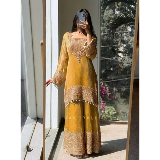 Women's Silk Embroidered 3/4th Sleeve Round Kurti With Sharara Pant And Dupatta Set (yellow) | Women Signature Collection