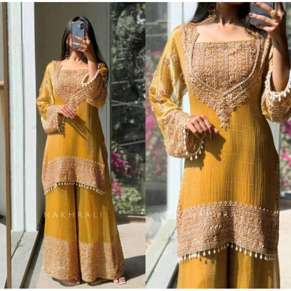Women's Silk Embroidered 3/4th Sleeve Round Kurti With Sharara Pant And Dupatta Set (yellow) | Women Signature Collection