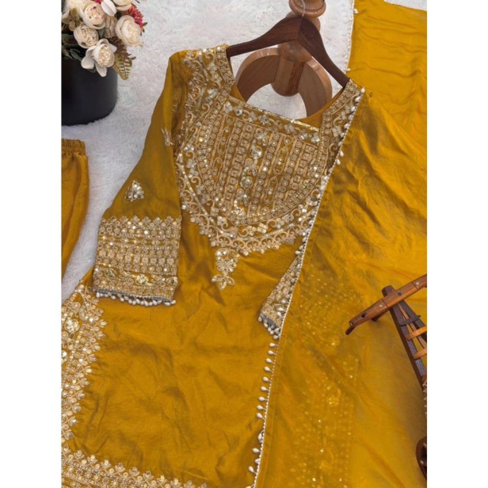 Women's Silk Embroidered 3/4th Sleeve Round Kurti With Sharara Pant And Dupatta Set (yellow) | Women Signature Collection