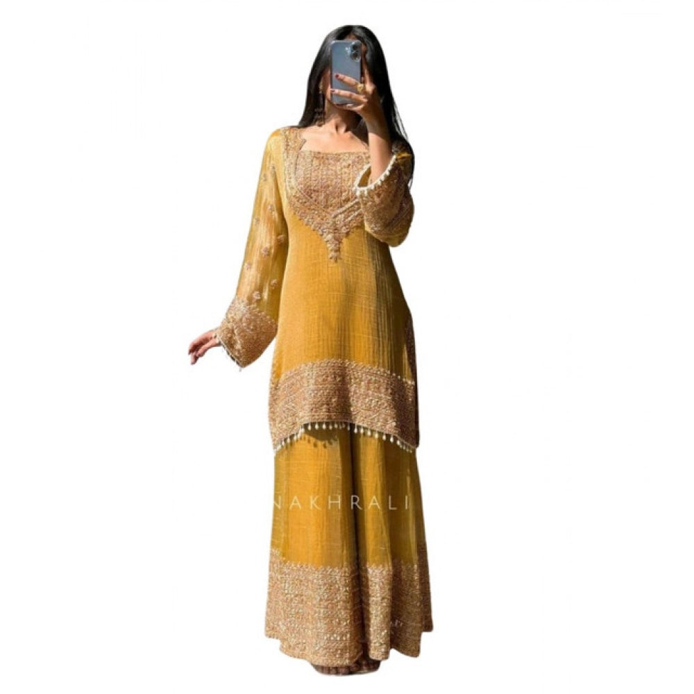 Women's Silk Embroidered 3/4th Sleeve Round Kurti With Sharara Pant And Dupatta Set (yellow) | Women Signature Collection