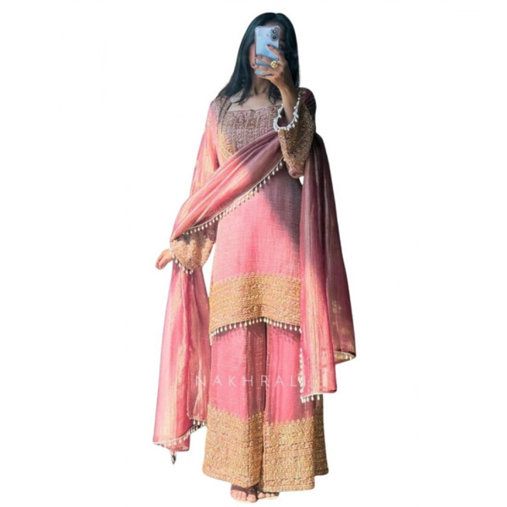 Women's Silk Embroidered 3/4th Sleeve Round Kurti With Sharara Pant And Dupatta Set (pink) | Women Signature Collection