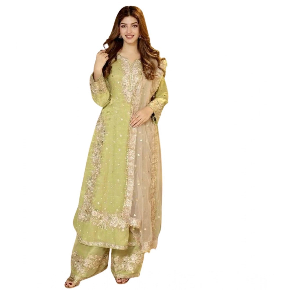 Women's Silk Embroidered 3/4th Sleeve Round Readymade Kurti With Palazzo Pant And Dupatta Set (pista) | Women Signature Collection