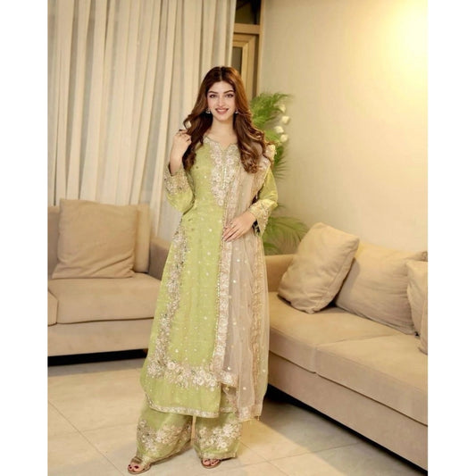 Women's Silk Embroidered 3/4th Sleeve Round Readymade Kurti With Palazzo Pant And Dupatta Set (pista) | Women Signature Collection