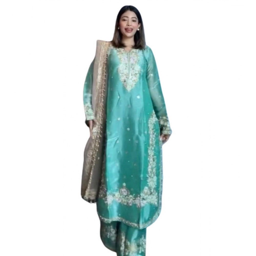 Women's Silk Embroidered 3/4th Sleeve Round Readymade Kurti With Palazzo Pant And Dupatta Set (sea Green) | Women Signature Collection