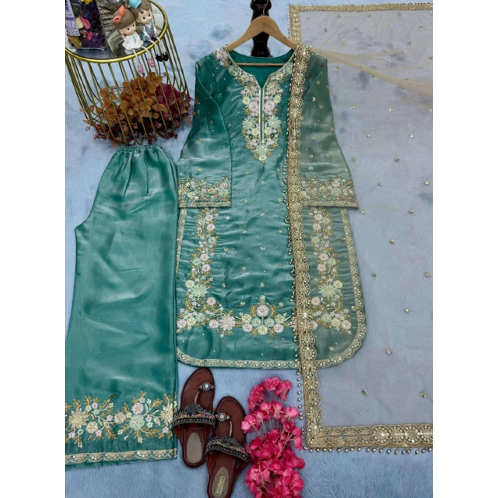 Women's Silk Embroidered 3/4th Sleeve Round Readymade Kurti With Palazzo Pant And Dupatta Set (sea Green) | Women Signature Collection