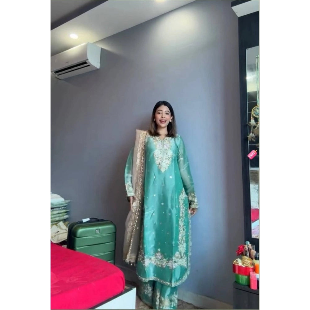 Women's Silk Embroidered 3/4th Sleeve Round Readymade Kurti With Palazzo Pant And Dupatta Set (sea Green) | Women Signature Collection