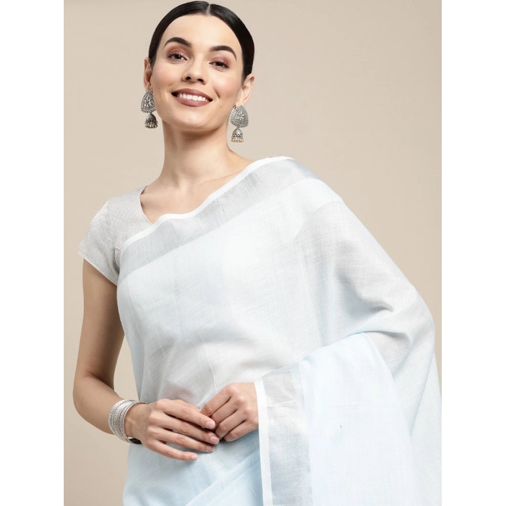 Women's Linen Cotton Striped Saree With Unstitched Blouse 5.5mtr (sky Blue) | Women Signature Collection