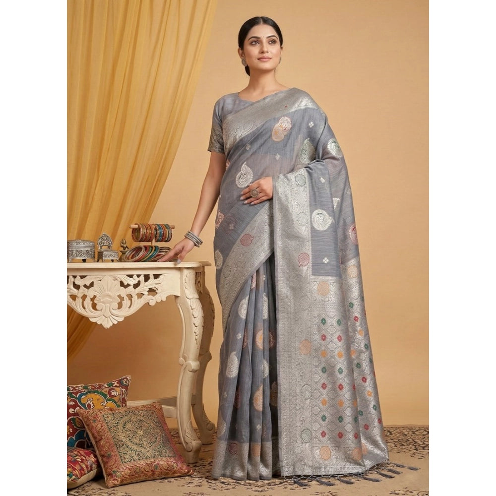 Women's Linen Cotton Printed Saree With Unstitched Blouse 5.5mtr (grey) | Women Signature Collection