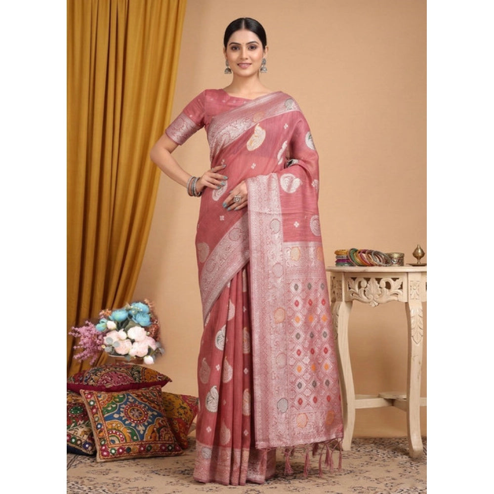 Women's Linen Cotton Printed Saree With Unstitched Blouse 5.5mtr (pink) | Women Signature Collection