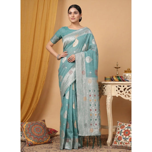 Women's Linen Cotton Printed Saree With Unstitched Blouse 5.5mtr (sea Green) | Women Signature Collection