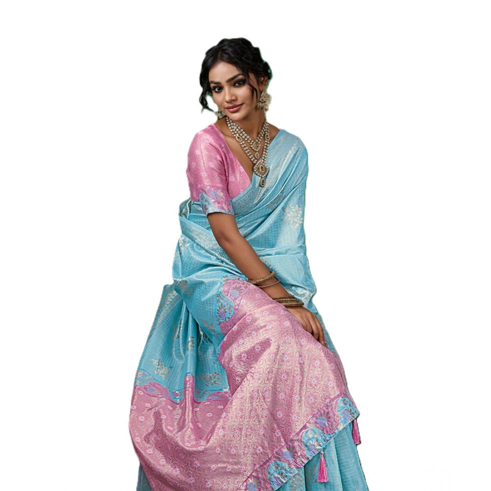 Women's Linen Cotton Printed Saree With Unstitched Blouse 5.5mtr (sky Blue) | Women Signature Collection