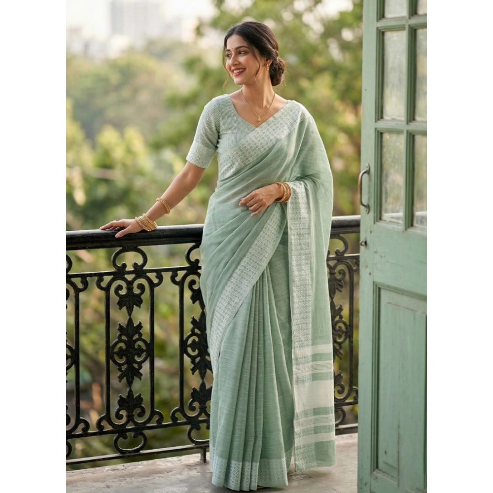 Women's Linen Striped Saree With Unstitched Blouse 5.5mtr (sea Green) | Women Signature Collection