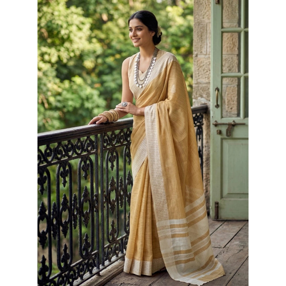 Women's Linen Striped Saree With Unstitched Blouse 5.5mtr (mustard Yellow) | Women Signature Collection