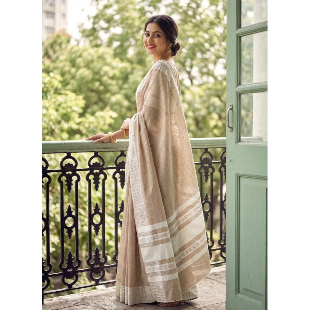 Women's Linen Striped Saree With Unstitched Blouse 5.5mtr (lite Brown) | Women Signature Collection