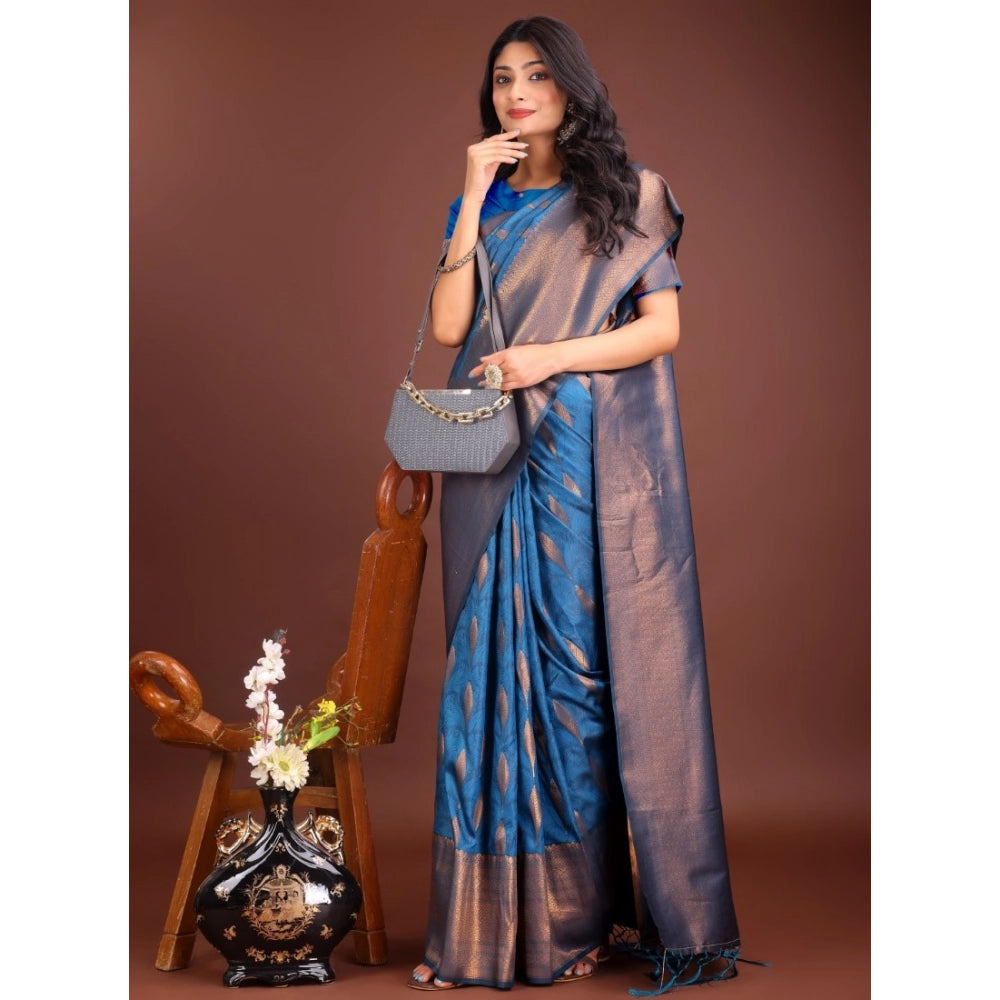 Women's Banarasi Silk Printed Saree With Unstitched Blouse 5.5mtr (royal Blue) | Women Signature Collection