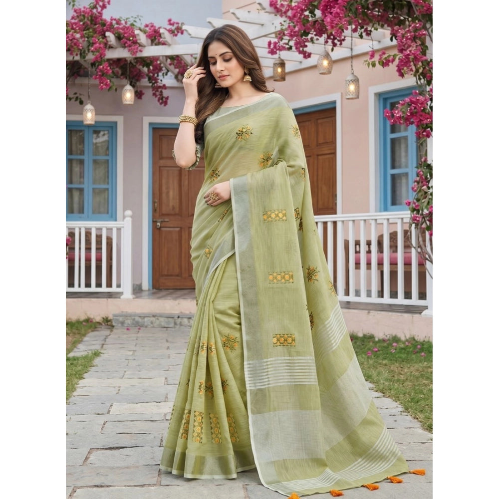 Women's Linen Embroidered Saree With Unstitched Blouse 5.5mtr (light Green) | Women Signature Collection