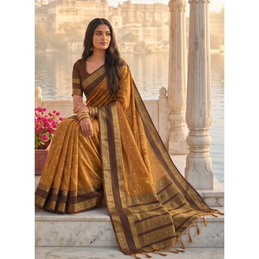 Women's Silk Blend Printed Saree With Unstitched Blouse 5.5mtr (mustard Brown) | Women Signature Collection