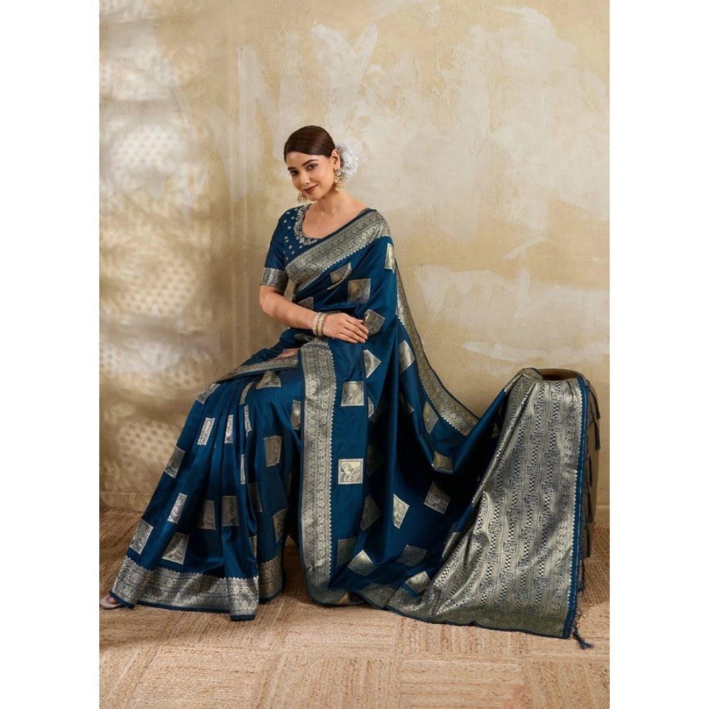 Women's Silk Blend Printed Saree With Unstitched Blouse 5.5mtr (teal Blue) | Women Signature Collection