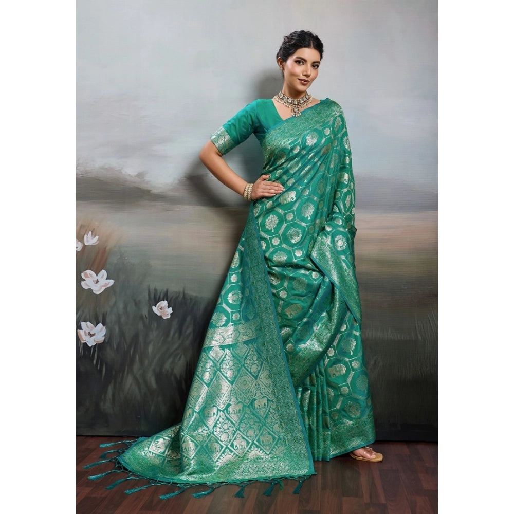Women's Silk Blend Printed Saree With Unstitched Blouse 5.5mtr (rama Green) | Women Signature Collection