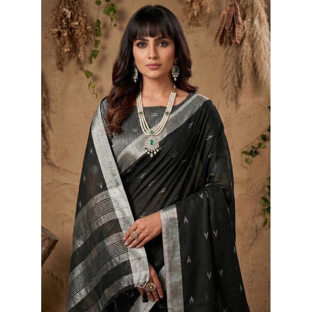 Women's Linen Cotton Printed Saree With Unstitched Blouse 5.5mtr (black) | Women Signature Collection