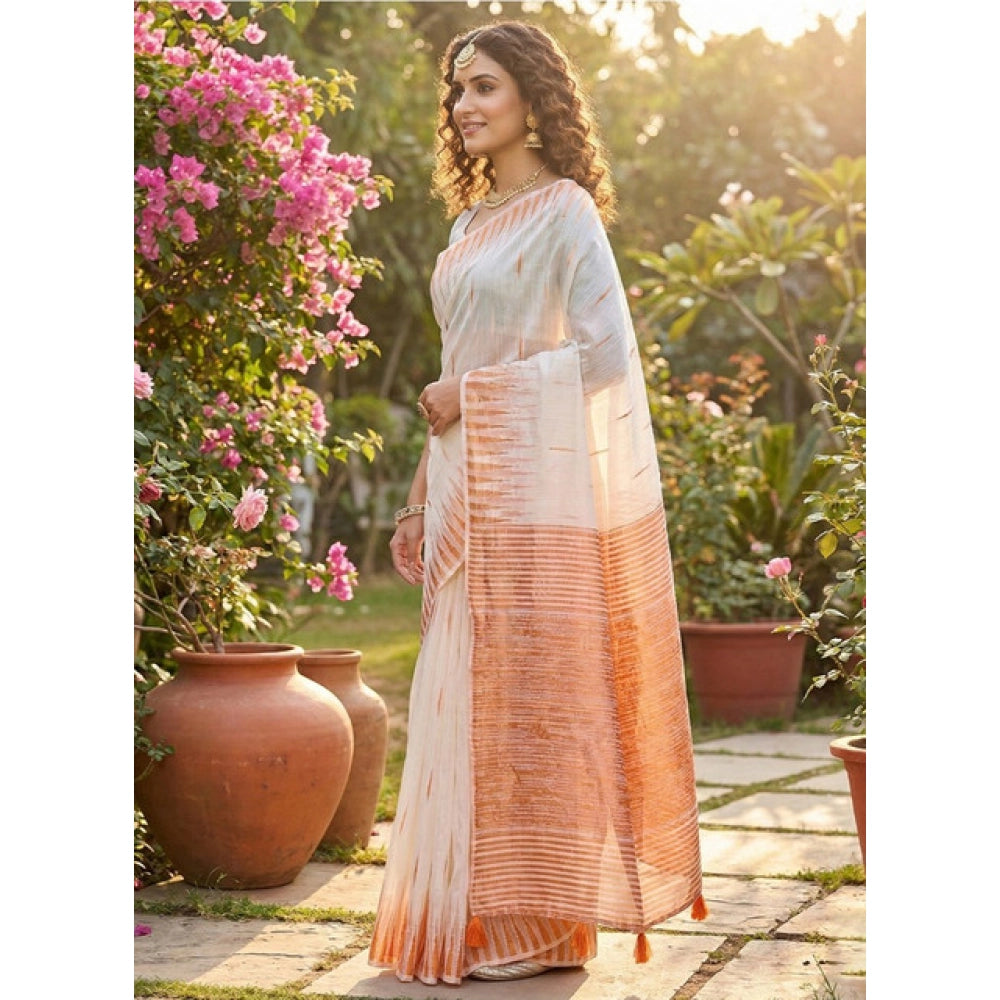Women's Linen Cotton Printed Saree With Unstitched Blouse 5.5mtr (white) | Women Signature Collection