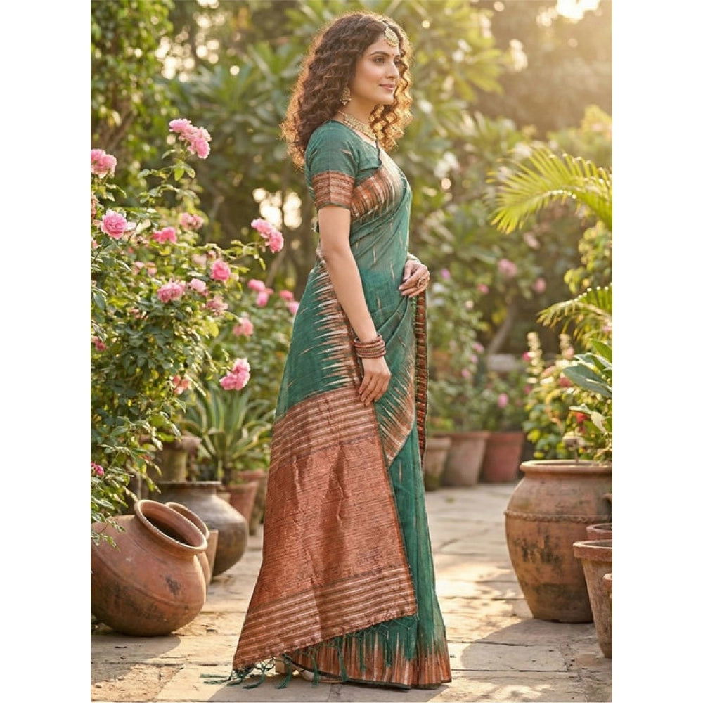 Women's Linen Cotton Printed Saree With Unstitched Blouse 5.5mtr (green) | Women Signature Collection