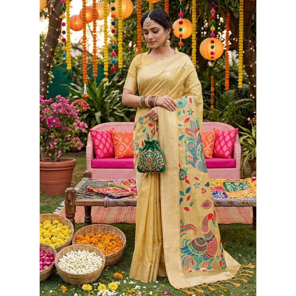Women's Linen Cotton Floral Embroidered Saree With Unstitched Blouse 5.5mtr (yellow) | Women Signature Collection