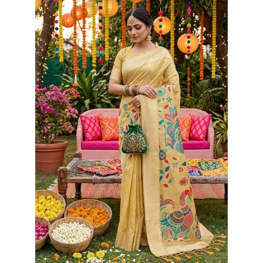 Women's Linen Cotton Floral Embroidered Saree With Unstitched Blouse 5.5mtr (yellow) | Women Signature Collection