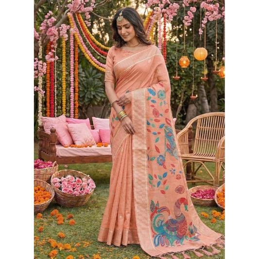 Women's Linen Cotton Floral Embroidered Saree With Unstitched Blouse 5.5mtr (peach) | Women Signature Collection