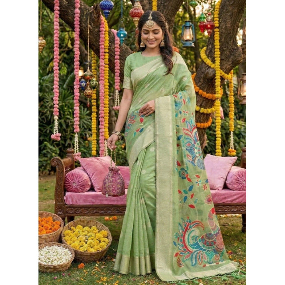 Women's Linen Cotton Floral Embroidered Saree With Unstitched Blouse 5.5mtr (light Green) | Women Signature Collection
