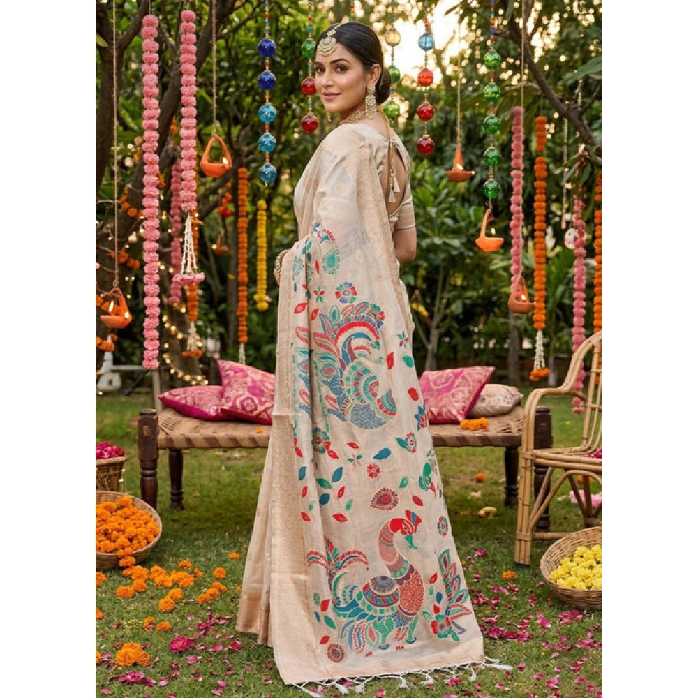 Women's Linen Cotton Floral Embroidered Saree With Unstitched Blouse 5.5mtr (cream) | Women Signature Collection