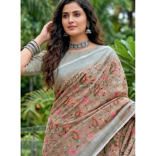 Women's Linen Floral Embroidered Saree With Unstitched Blouse 5.5mtr (brown) | Women Signature Collection