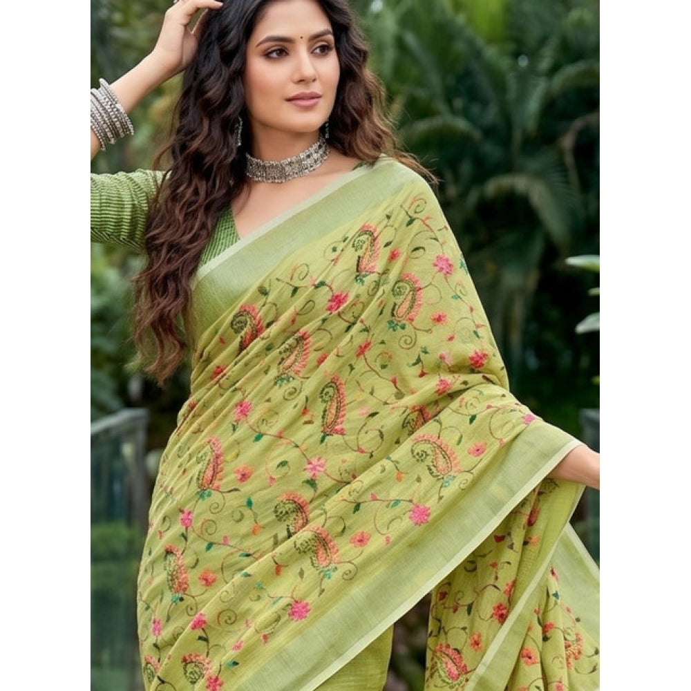 Women's Linen Floral Embroidered Saree With Unstitched Blouse 5.5mtr (light Green) | Women Signature Collection