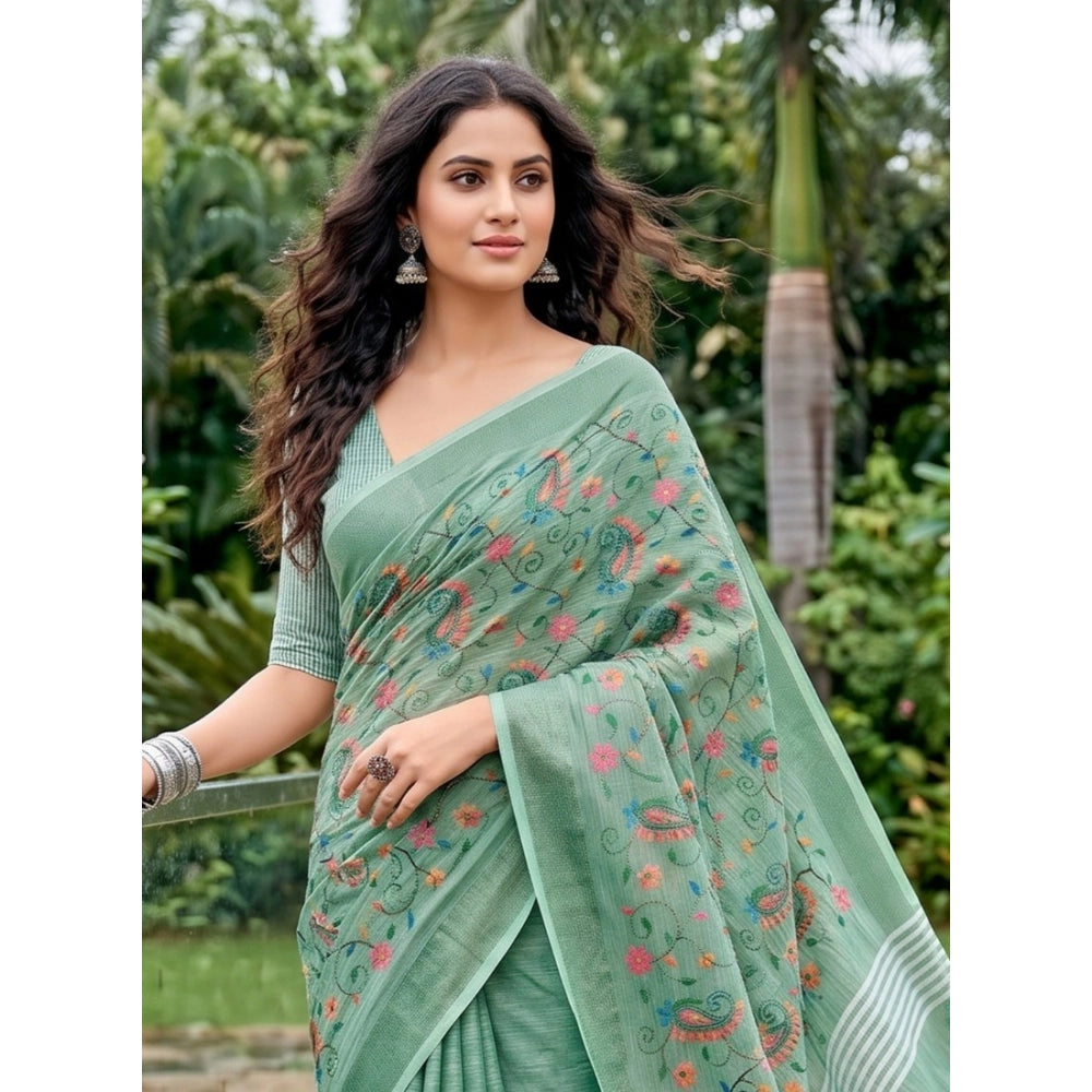 Women's Linen Floral Embroidered Saree With Unstitched Blouse 5.5mtr (sea Green) | Women Signature Collection